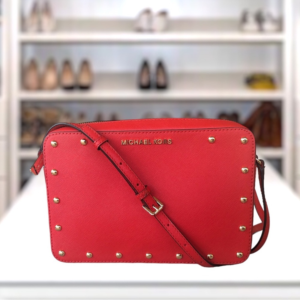 Michael Kors Sandrine Gold Studded Scarlet Red with Crossbody Strap